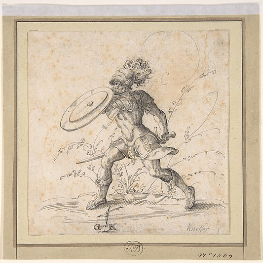 A Soldier Brandishing a Shield in a Landscape 1586-Monogrammis,16x12"(A3)Poster