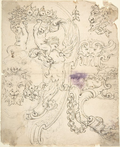 Various Sketches for Cartouches  with Satyr Heads  Putti  etc.,16x12"(A3) Poster