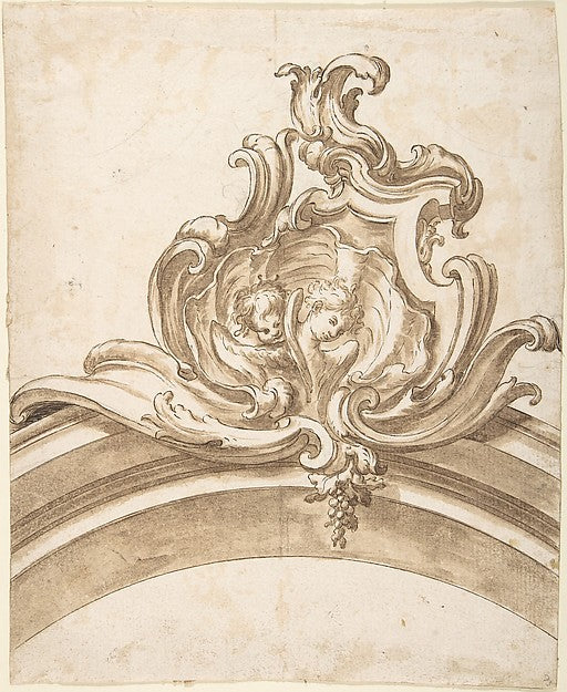 Design for a Cartouche with Two Putti Heads inside a Shell  At,  Poster Print Wall Art