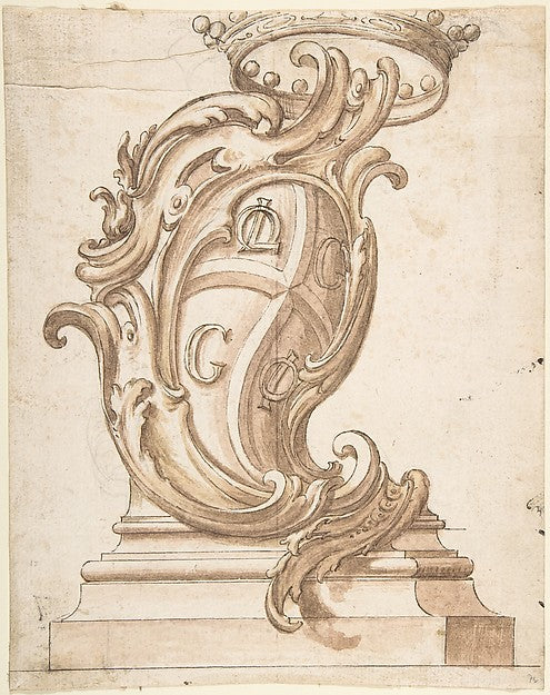 Design for a Cartouche on a Base  Surmounted by a Crown  with,  Poster Print Wall Art