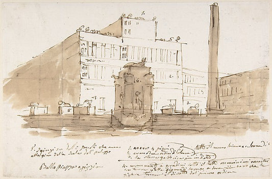 Stage design: piazza with a building  an obelisk  and a monume,16x12"(A3) Poster