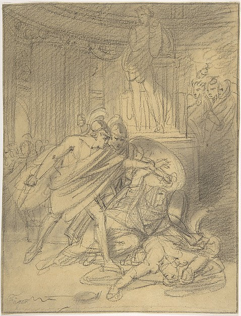 Two Warriors in Classical Costume Bending over Two Figures mid,16x12"(A3) Poster