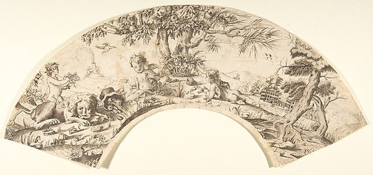 Design for a Fan: Scene of Cupids  and a Sleeping Lion in a La,16x12"(A3) Poster