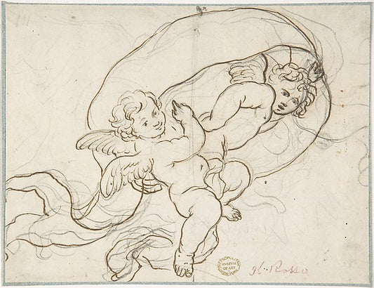 Two Flying Putti 17th cent-Anonymous, Italian, Roman-Bolognese,16x12"(A3) Poster