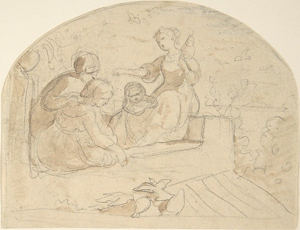 Three Women and a Child on a Roof 1820–84-Adrian Ludwig Richte,16x12"(A3) Poster