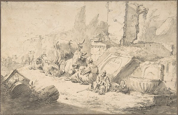 Pastoral Landscape with Roman Ruins 1645–86-Johann Heinrich Ro,  Poster Print Wall Art