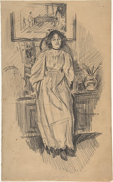 Young Woman Leaning against a Low Cabinet in Artist's Studio l,  Poster Print Wall Art