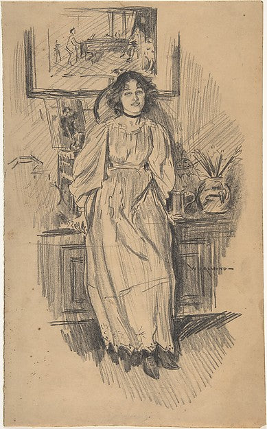 Young Woman Leaning against a Low Cabinet in Artist's Studio l,16x12"(A3)Poster