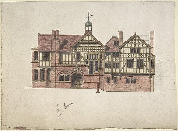 Elevation for a Multi-story Brick  Half-timbered House with St,  Poster Print Wall Art