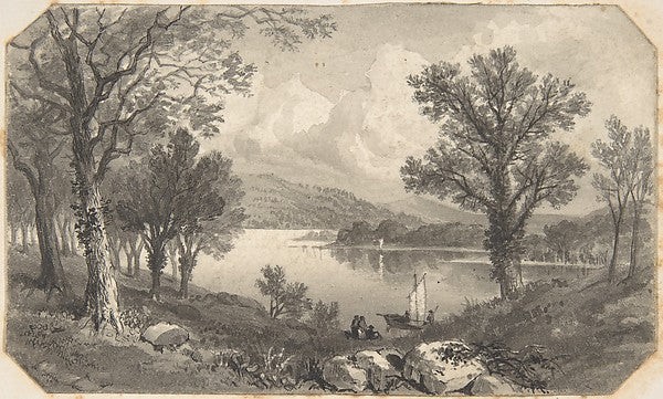 View of a lake or river with a sailboat 1820–70-David Octavius,  Poster Print Wall Art