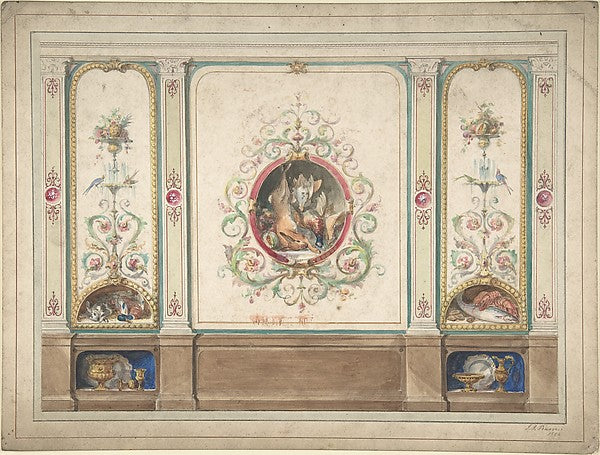 Design for Decorative Panels with Hunting Scenes Inset 1854-J.,  Poster Print Wall Art
