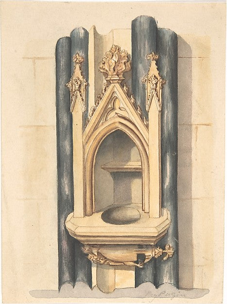 Design for baptismal  font set between paired Purbeck marble c,  Poster Print Wall Art