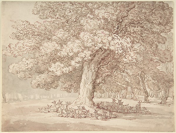 Herd of deer under an oak tree 1775–1827-Thomas Rowlandson,  Poster Print Wall Art
