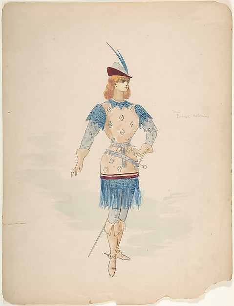 Costume Design for a Cavalier  in Blue and Burgundy with Feath,  Poster Print Wall Art