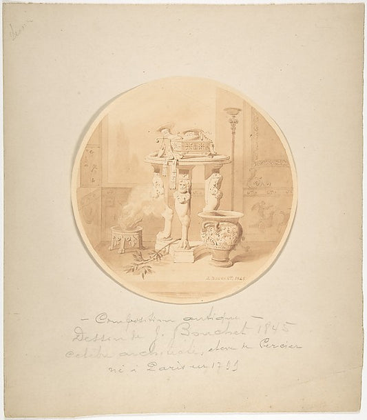 Circular Drawing of a Classical Interior with Fire in Brazier,16x12"(A3) Poster