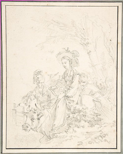 Peasant Girl Riding an Ox with Companions 18th cent-François B,16x12"(A3) Poster
