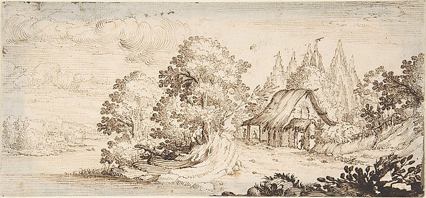 Landscape with Cottage early 17th cent-In the manner of Jacque,16x12"(A3) Poster