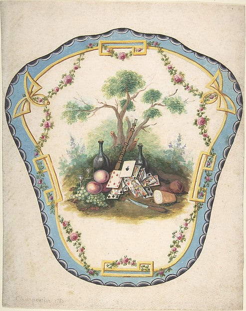 Design for a Firescreen with Picnic Scene and Playing Cards La, Poster Print