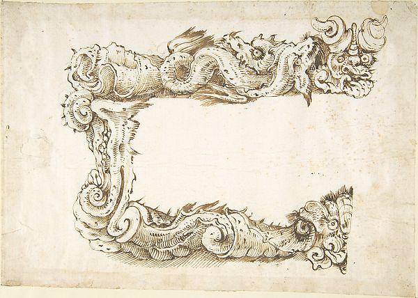 Half of a Cartouche with Monsters 18th cent-Attributed to Quen,  Poster Print Wall Art