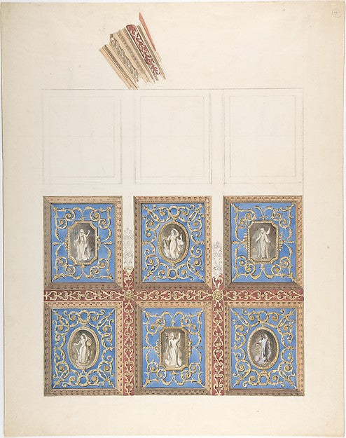 Carved and Painted Ceiling with Six Figural Medallions  for Cl,  Poster Print Wall Art