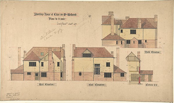 Dwelling house at Esher for Mrs. Wethered -   Three Elevations ,  Poster Print Wall Art