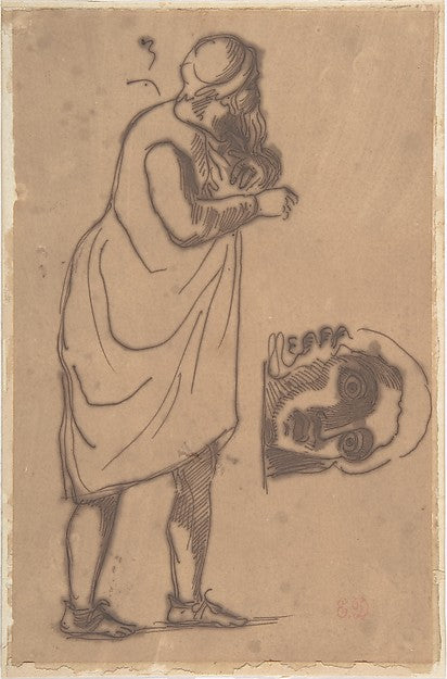 A Bearded Man  Standing  and a Classical Head 1815–63-Eugène D,16x12"(A3)Poster