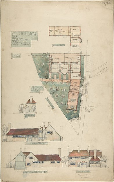 Design for a Smithy and Two Cottages late 19th–early 20th cent,  Poster Print Wall Art
