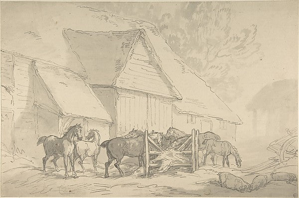 Stable Yard with Horses 1784–1795-Thomas Rowlandson,  Poster Print Wall Art
