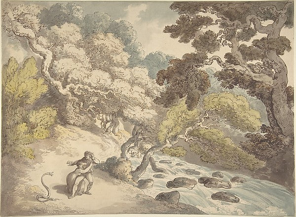 Landscape with rushing stream and a couple on the bank  fright,  Poster Print Wall Art