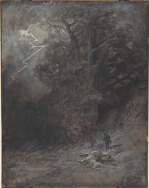 A Rider and a Dead Horse in a Landscape-Gustave Doré,16x12"(A3)Poster