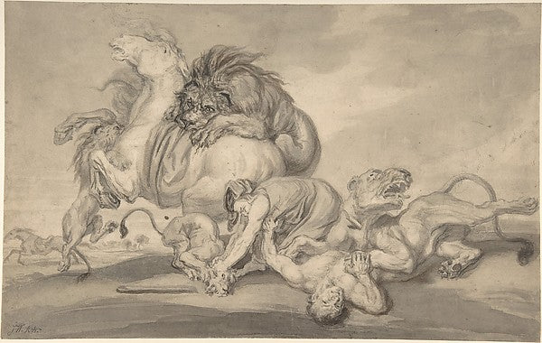 Lions Attacking Two Men and a Horse 1801–59-Attributed to Jame,  Poster Print Wall Art