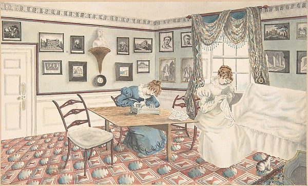 Two young women writing and reading in an interior at Hatton  ,16x12
