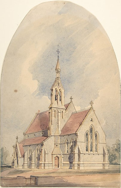 Architectural Rendering of a Gothic Revival Church 1850–70-Ano,16x12