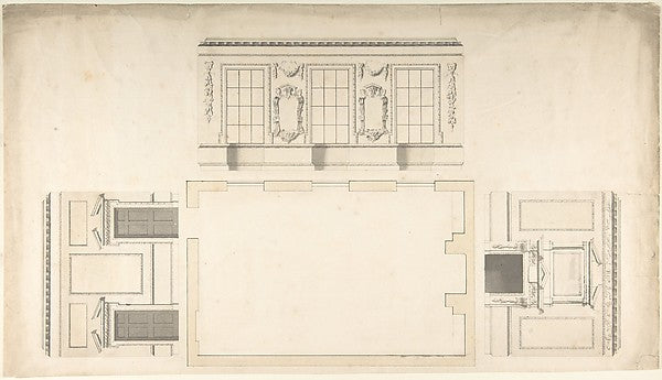 Room Design Showing Plan and Three Wall Elevations c1740–60-An,16x12