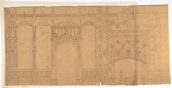 Design for a Gothic Wall Containing a Door and Fireplace 19th ,  Poster Print Wall Art