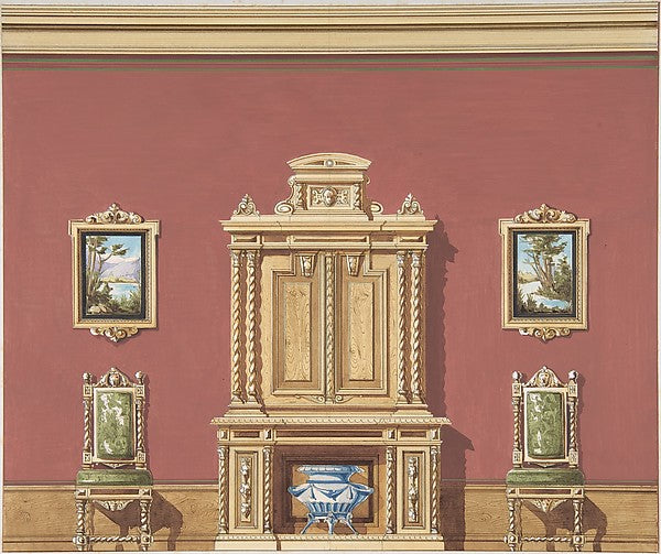 Interior Design with a Central Cabinet  Two Chairs and Two Lan,  Poster Print Wall Art