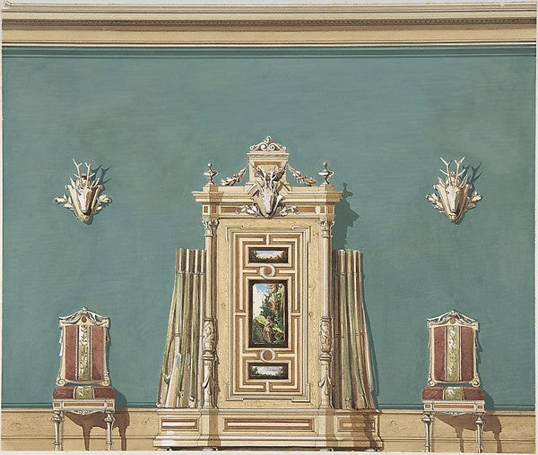 Interior Design witha Gun Cabinet and Two Chairs against a Gre,  Poster Print Wall Art