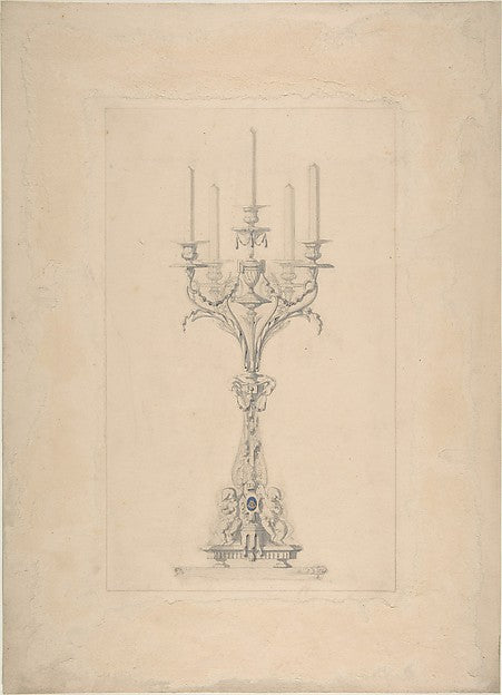 Design for a Five Branched Candlestick Supported by Putti late,  Poster Print Wall Art