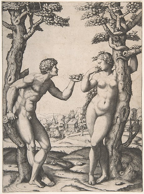 Adam and Eve flanked by two trees  a town in the background c1,16x12
