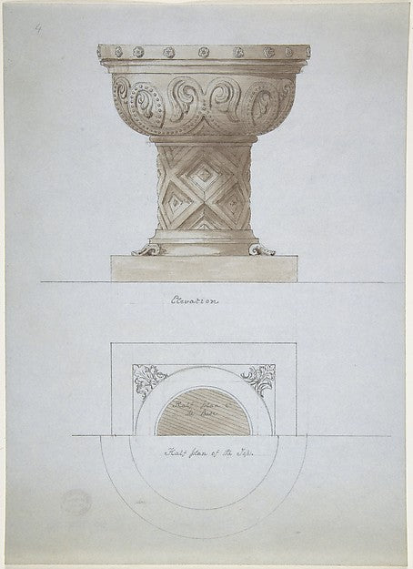 Romanesque Style Font and Plan mid-19th cent-Anonymous, Britis,16x12