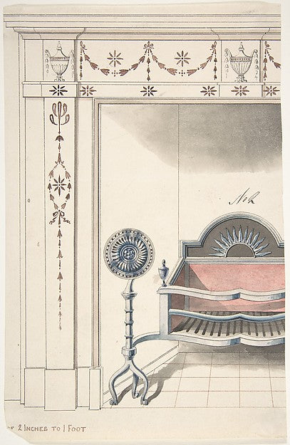 Fireplace and Grate Design with Sunflower Andirons 19th cent-A,  Poster Print Wall Art