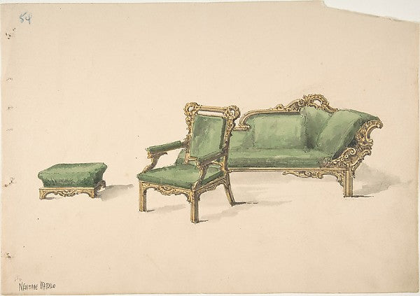 Design for a Gilded Settee  Arm Chair and Footstool with Green,  Poster Print Wall Art