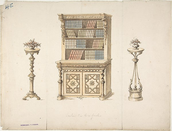Design for a Cabinet-Bookcase and Two Stands for Flowers early,16x12