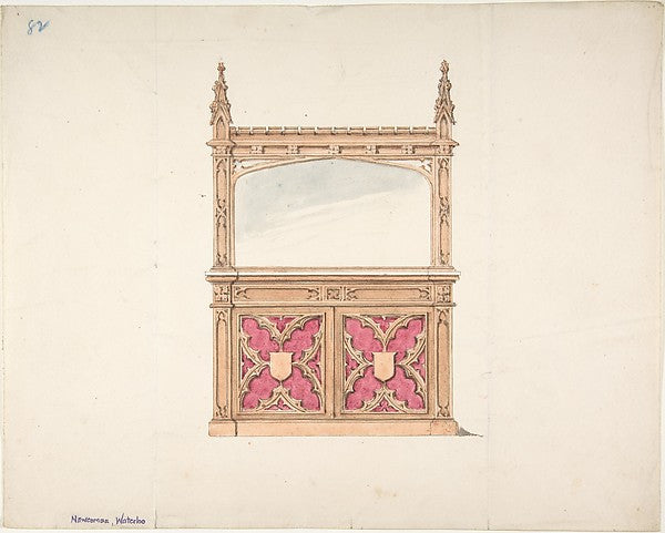 Design for Gothic Style Cabinet with Mirror early 19th cent-An,16x12