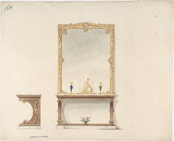 Design for Pier Table and Gold Mirror -  Front and Side Elevatio,  Poster Print Wall Art