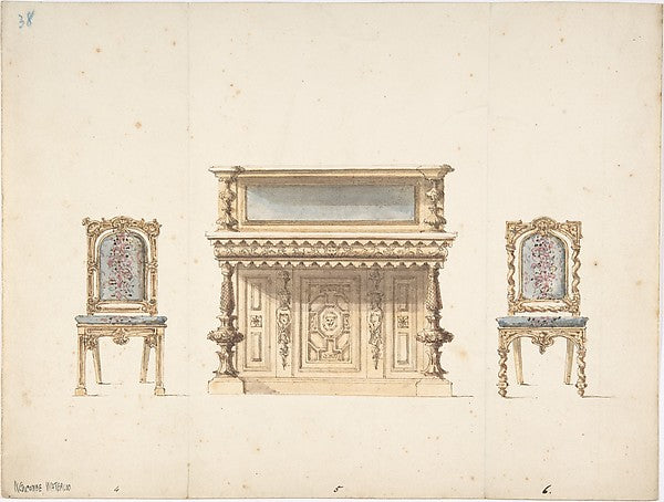Design for a Mirrored Cabinet and Two Chairs early 19th cent-A,  Poster Print Wall Art