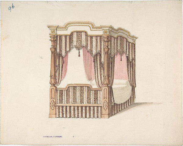 Design for a Four-poster Bed with Pink  Brown and White Draper,16x12