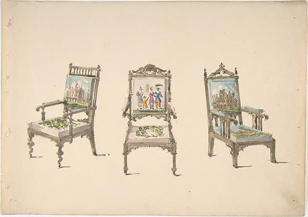 Design for Three Armchairs with Pictorial Upholstery c1830–40-,  Poster Print Wall Art