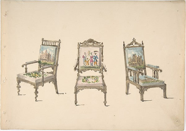 Design for Three Armchairs with Pictorial Upholstery c1830–40-,16x12