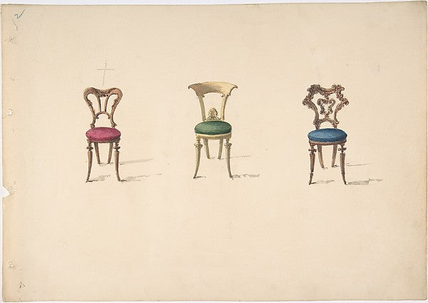 Design for Three Chairs with Red  Green and Blue Seats early 1,  Poster Print Wall Art